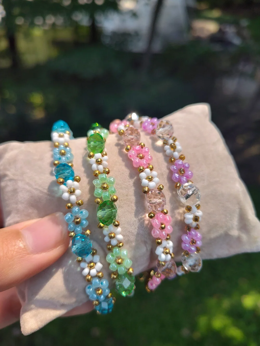 Handcrafted Beaded Flower Bracelets - Pink, Green, Blue, Lavender